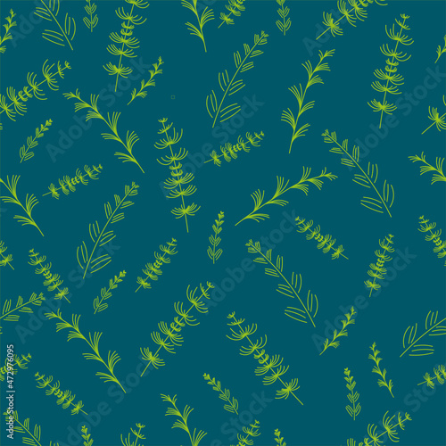 Pattern of fir twigs.  Pattern on a dark green background. The image of fir twigs. an endless pattern. vector graphics

