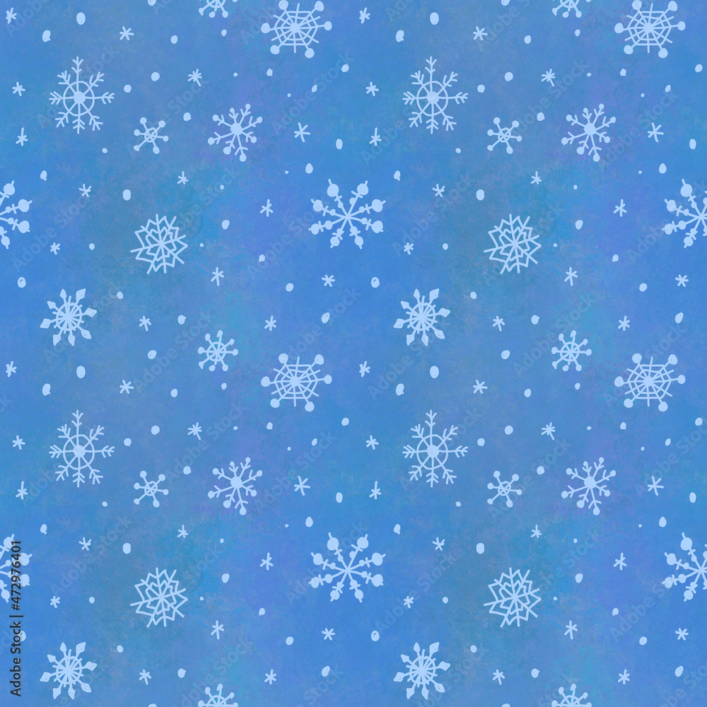 seamless pattern of blue color with sequins, starry winter sky,snow-covered background, cosmic blue background with stars, hand-drawn