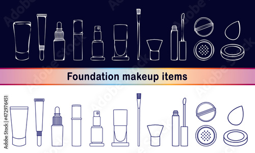 Makeup set with line icons and icons in hand drawn (sketch) style. Cosmetic items for foundation - cream, brushes, sponge, liquid foundation, concealer, etc. Vector illustration EPS 10