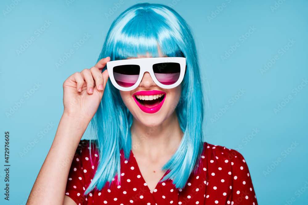 cheerful woman in blue wig sunglasses Glamor makeup