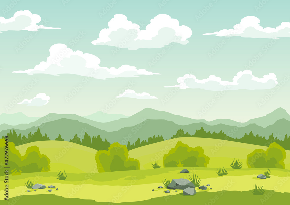 Spring landscape with green grass, hills, blue sky with clouds. Nature countryside background in flat cartoon style. Beautiful banner with field and tree