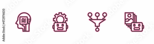 Set line Humanoid robot, Funnel or filter, Robot setting and Artificial intelligence icon. Vector