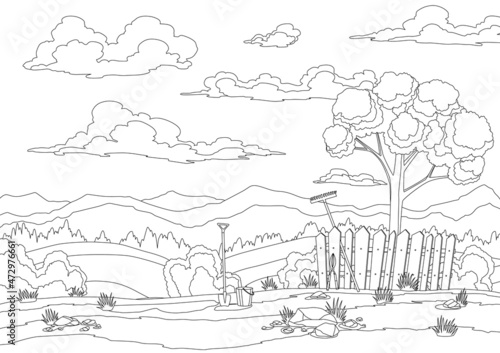 Wallpaper Mural Coloring of spring landscape with grass, hills, sky with clouds and farm implements. Nature countryside background in flat cartoon style. Beautiful field with tree Torontodigital.ca