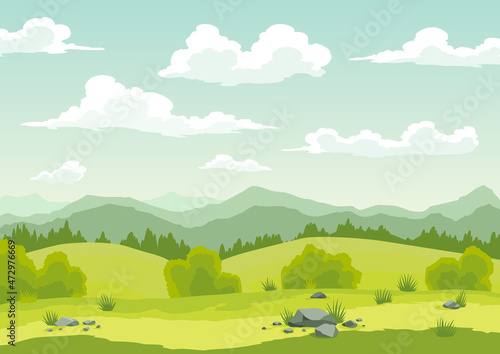 Spring landscape with green grass  hills  blue sky with clouds. Nature countryside background in flat cartoon style. Beautiful banner with field and tree
