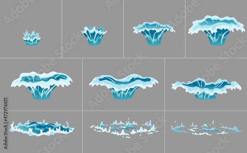 Water splash animation. Dripping water special effect. Fx sprite sheet. Clear water drops burst for flash animation in games and video. Cartoon frames
