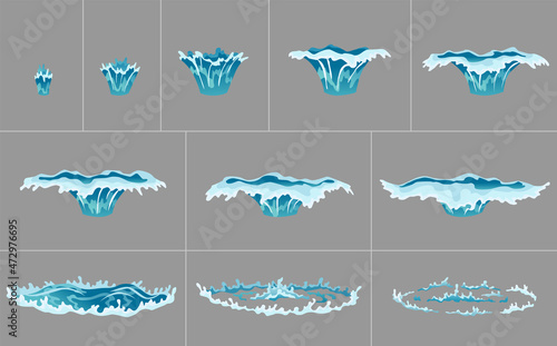 Water splash animation. Dripping water special effect. Fx sprite sheet. Clear water drops burst for flash animation in games and video. Cartoon frames