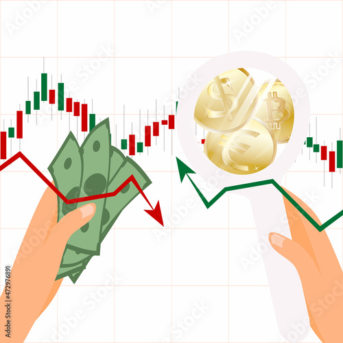 Human hand holding cash and searching for payment stocks stock market research on the chart. The concept of stock trading and the financier's day. Vector illustration in a flat style