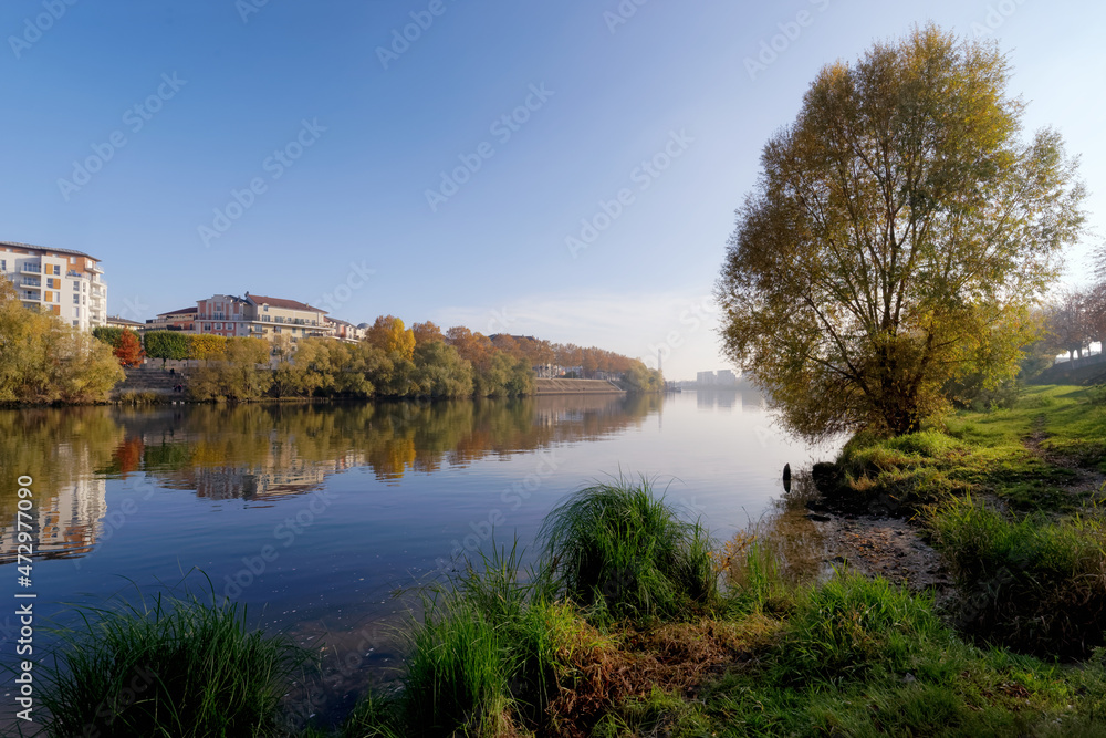 Seine river bank in Paris suburb. Ivry-surSeine city Seine river bank in Paris suburb. Ivry-surSeine city