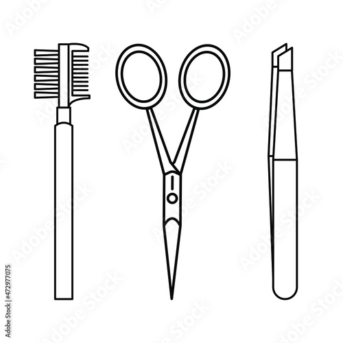Cosmetic items for eyebrows - eyebrow lash comb, scissors, tweezers. Makeup vector line icons. Beauty symbols isolated on white background. Illustration EPS 10
