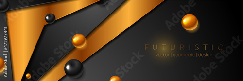 Golden and black abstract tech corporate background with glossy beads. Vector banner design