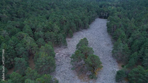 Aerial view of the Río de Piedra Borrocal de la Majada de las Vacas in the surroundings of the town of Orihuela del Tremedal in the Sierra de Albarracín region, province of Teruel, autonomous communit photo