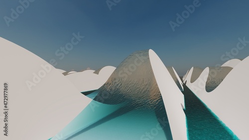 Futuristic architecture background water slide 3d render