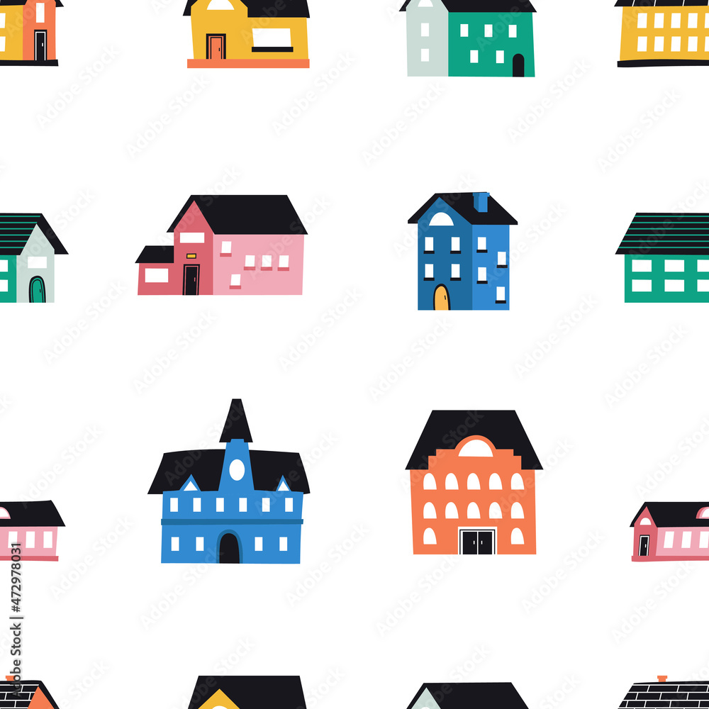 Abstract houses pattern. Seamless print of cute hand drawn buildings with tiny doors windows and wall bricks. Flat town buildings modern texture, vector cartoon isolated elements Abstract houses pattern. Seamless print of cute hand drawn buildings with tiny doors windows and wall bricks. Flat town buildings modern texture, vector cartoon isolated elements