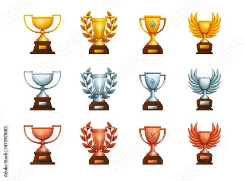 Trophy prize. Golden silver and bronze cup. Sport competition metal awards. Special achievement and championship reward collection. Vector first second and third place winner gifts set
