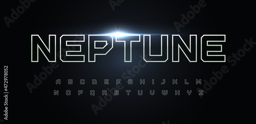 Space font alphabet letters. Outline linear contour typography. Techno digital characters with electric light, neon glow. Shiny illuminated letter set for headline, logo, cover title. Vector typeset