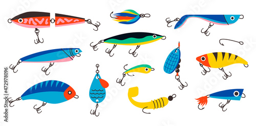 Fishing bait. Abstract contemporary fishery lures and wobblers. Spoons and twisters of artificial colorful fish shapes with hooks. Fisher accessories. Vector fisherman equipment set photo