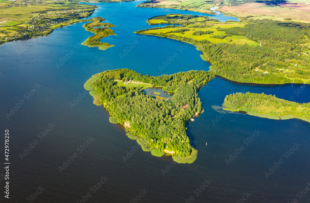 Lyepyel District, Vitebsk Region, Belarus. Aerial View Of Lepel Lake With Natural Small Islands Lyepyel District, Vitebsk Region, Belarus. Aerial View Of Lepel Lake With Natural Small Islands