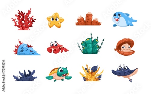 Cartoon fish and seaweed. Green underwater algae, ocean and aquarium inhabitants with big eyes and adorable faces, dolphin and crab, sea fish kids illustration. Vector isolated set