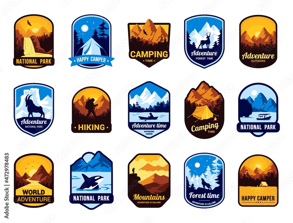 Cartoon adventure sticker. Summer camp vintage badge with forest and cabin at lake. Nature travel and exploration emblem. Traveling and hiking. Outdoor recreation. Vector camper patch set