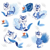 Seamless pattern with cute blue tiger cub, cute tiger cub in different situations, on a background with tropical leaves, a symbol of the new 2022. Vector illustration for postcard, banner, textile 