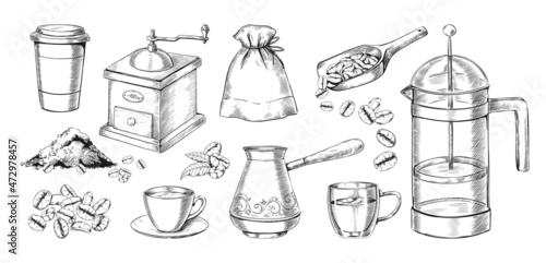 Engraved coffee making. Hand drawn drink preparation process with Arabica beans. Isolated grinder and cezve. French press and cup. Beverage brewing tools. Vector vintage cafe sketches set