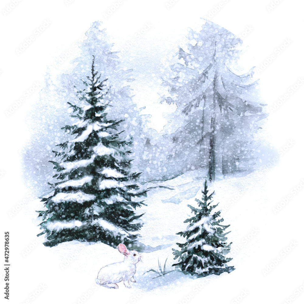 Watercolor illustration of winter forest, snowy forest, winter landscape watercolor landscape, Christmas trees, forest, snow 