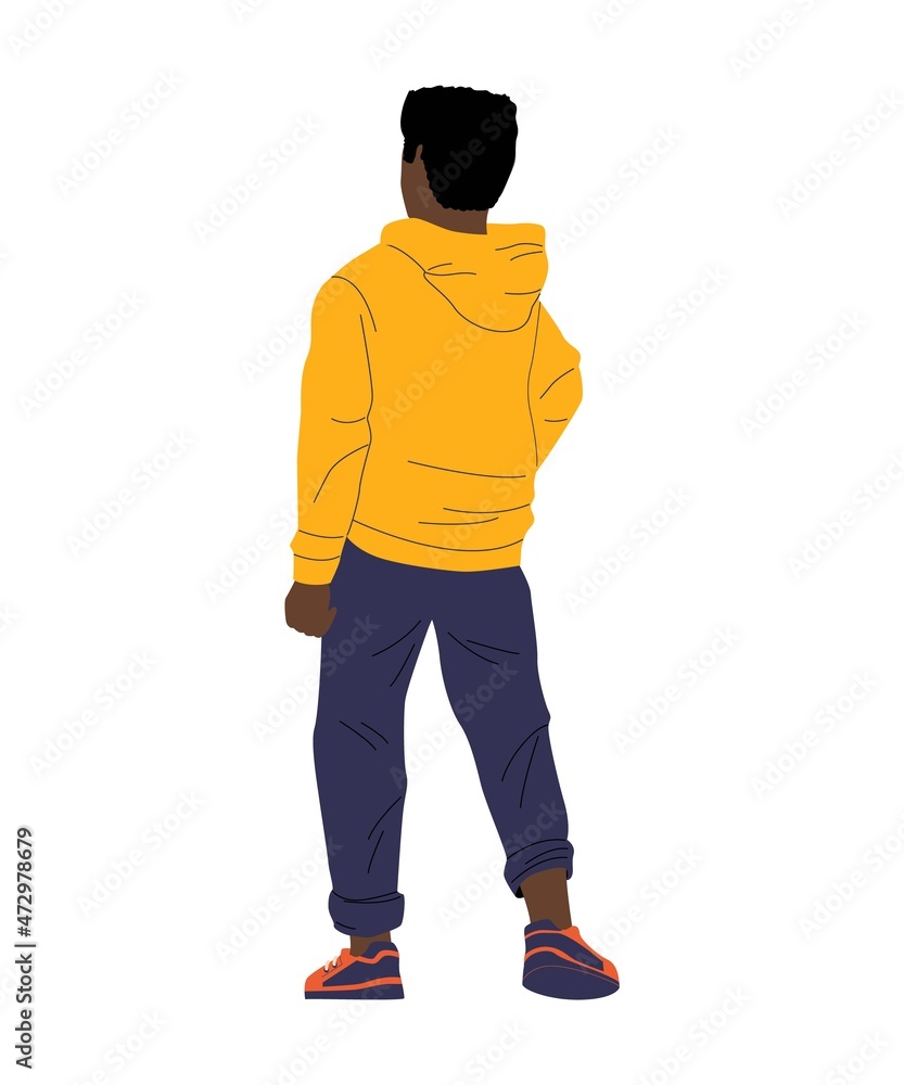 Cartoon black boy standing with his back. Behind view of African man in  casual clothing. Young character wears bright hoodie. Vector isolated  teenager looking forward in relaxing pose Stock Vector | Adobe