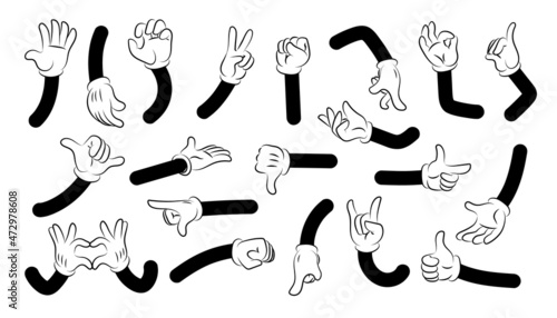 Cartoon arms. Doodle human character hands with white gloves showing simple emotions and gestures. Clipart expression collection. Isolated body parts. Vector limbs palms and fists set