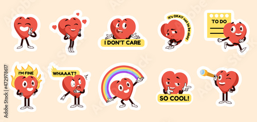 Heart stickers. Valentine emoji characters with funny emotions, hands and legs. Romantic badges collection. Smiling love mascots poses and expressions. Vector kawaii amour emoticons set