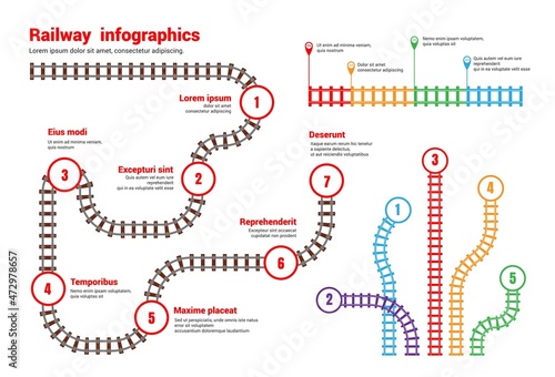 Railway infographic. Train rail scheme. Subway and tram station top view map. Underground transport guide. Colorful railroad diagram template. Metro traffic plan. Vector illustration