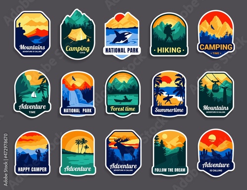 Outdoor camp badge. Cartoon nature travel and exploration emblem. Isolated stickers for hiking and camping. Vintage patch with forest lake and trees. Vector logo set with landscape elements