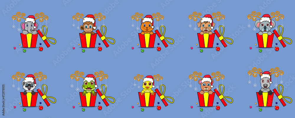 Cute Animals On Gift with Santa Claus Hat Set. For Background, Template, Icon, Banner and Inspiration Design.
