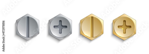 Realistic metal screw. Steel bolt heads. 3D metallic fasteners. Repair and build hardware tools. Polygonal self-tapping nails with cross and line carving. Vector construction bolts set