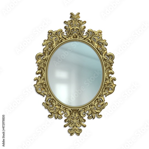 Realistic mirror with golden decorative frame. Reflective surface in Victorian ornate border. Hanging on wall royal interior decor. Round luxury framework. Vector room furnishing mockup