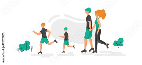 Family roller skating in park. Parent training together with children. Healthy lifestyle. Summer active recreation. People walking or doing exercises outdoor. Sport activity. Vector workout
