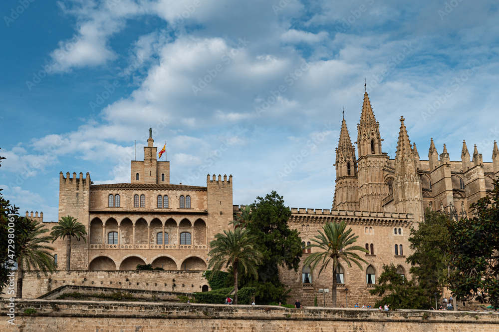 Cathedral view with old buildings during day in Spain, Balear Islands, Mallorca Cathedral view with old buildings during day in Spain, Balear Islands, Mallorca