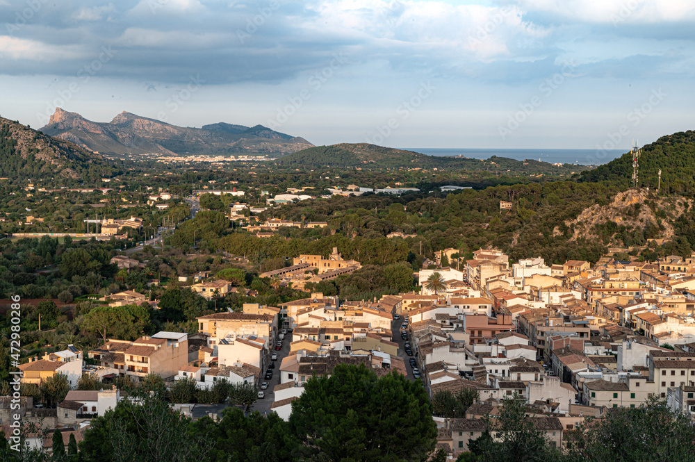 Fototapeta premium Old town with historical buildings during day in Spain, Mallorca, Pollenca