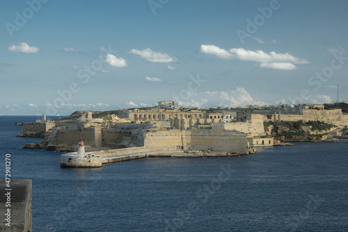 Old Medieval walled town by the sea over cliff in Malta, Valetta, Vittoriosa, Senglea and Cospicua, known as the Three Cities © Erol