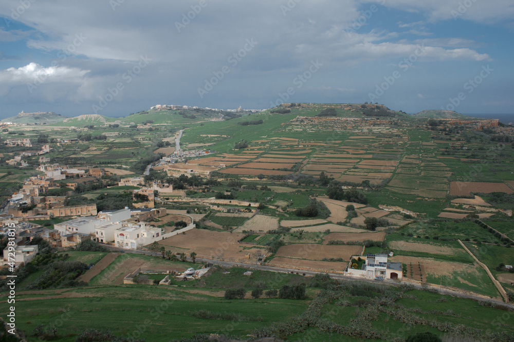 Old town from hilltop with greenery in Malta, Gozo