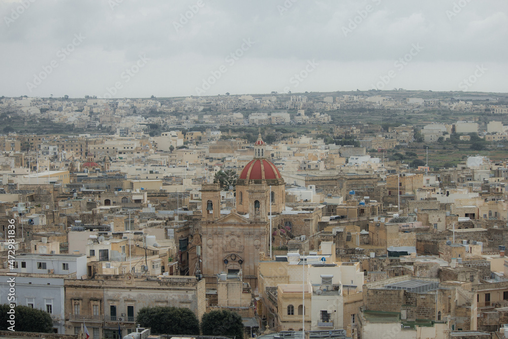Old town from hilltop with greenery in Malta, Gozo