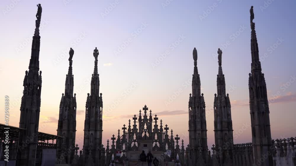 Europe , Italy , Milan December 2021 -
the Madonnina of Duomo with its typical spiers, aerial view of the city skyline at sunset Europe , Italy , Milan December 2021 -
the Madonnina of Duomo with its typical spiers, aerial view of the city skyline at sunset