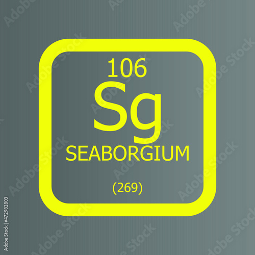 Seaborgium Sg Chemical Element vector illustration diagram, with atomic number and mass. Simple flat dark gradient design for education, lab, science class.