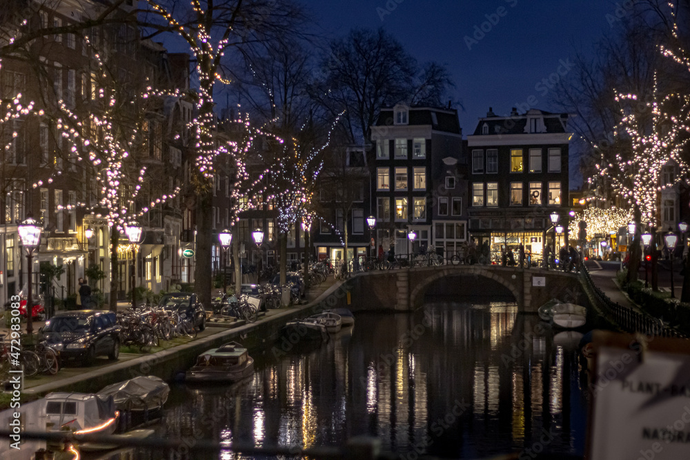Night walk on streets of Amsterdam, Netherlands