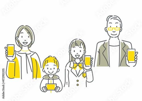 スマホを見せるミドル夫婦と２人の子供の家族イラストセット　シンプルでお洒落な線画イラスト