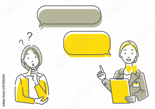 質問する女性と説明するコンシェルジュセット　シンプルでお洒落な線画イラスト