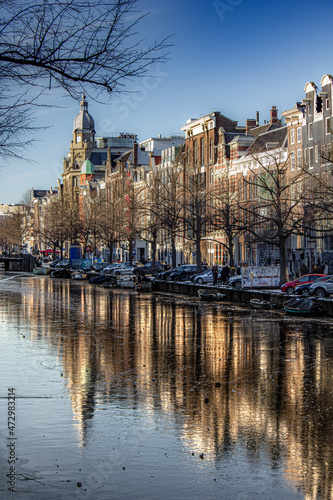 Snow covered streets with cold weather in Amsterdam, Netherlands