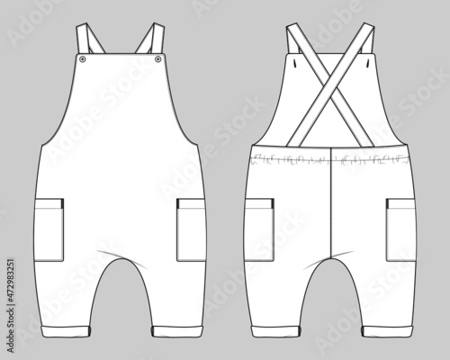 Kids Dungaree Dress design Fashion flat Sketch vector Illustration Template Front And back views. Apparel Clothing Design mock up Front And Back Views.
