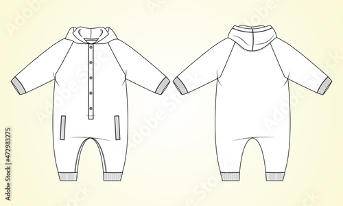 Baby bodysuit  Romper Hoodie Technical Fashion sketch vector fashion template Front And back view. Modern Stylish Kids Dress design illustration. Easy edit and customizable.
