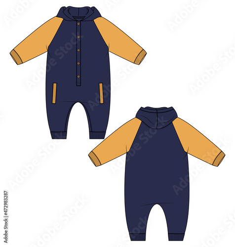 Two tone Yellow, Navy color Baby bodysuit  Romper Hoodie Technical Fashion sketch vector fashion template Front,  back view. Modern Stylish Kids Dress design illustration. Easy edit and customizable.