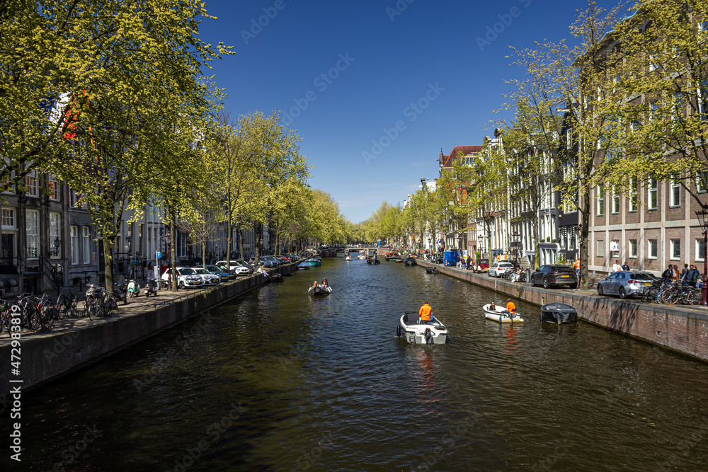 Canals of Amsterdam with good weather in early spring